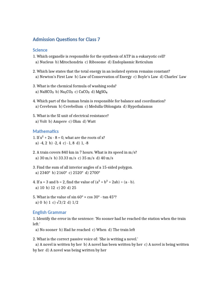 Class 7 Admission Exam Questions | PDF