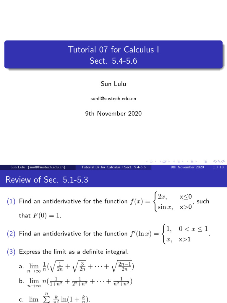 Calculus I Tutorial: Sections 5.4-5.6 | PDF | Derivative | Integral