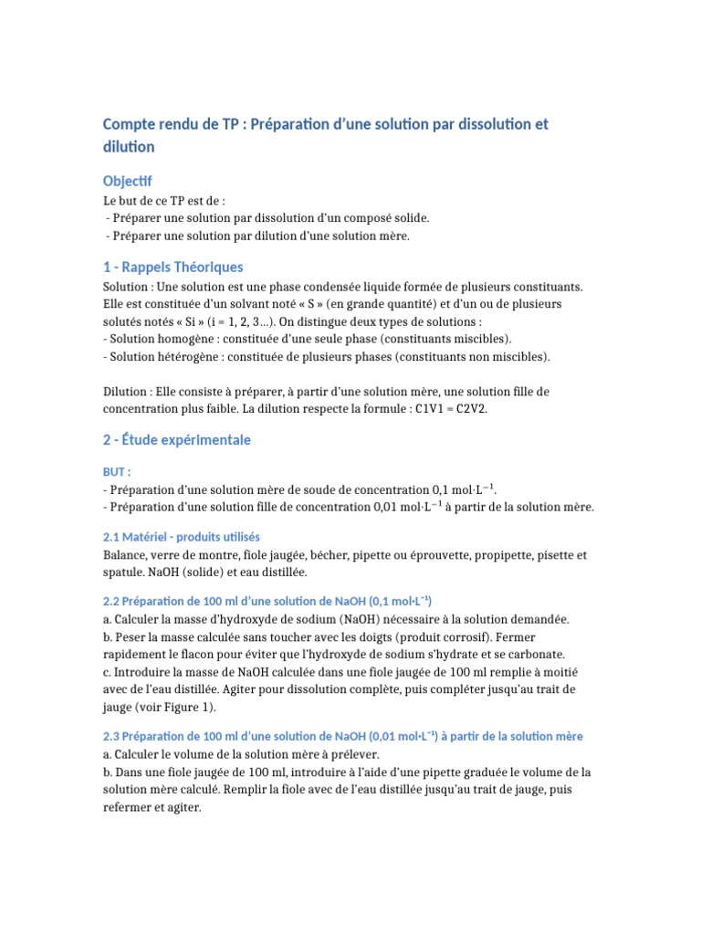 Compte rendu TP : Préparation de solutions | PDF | Hydroxyde de sodium ...