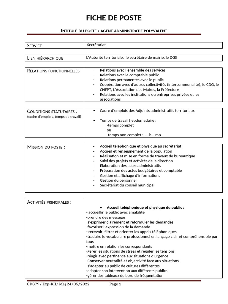 Fiche de poste : Agent administratif polyvalent | PDF | Secrétaire | la ...