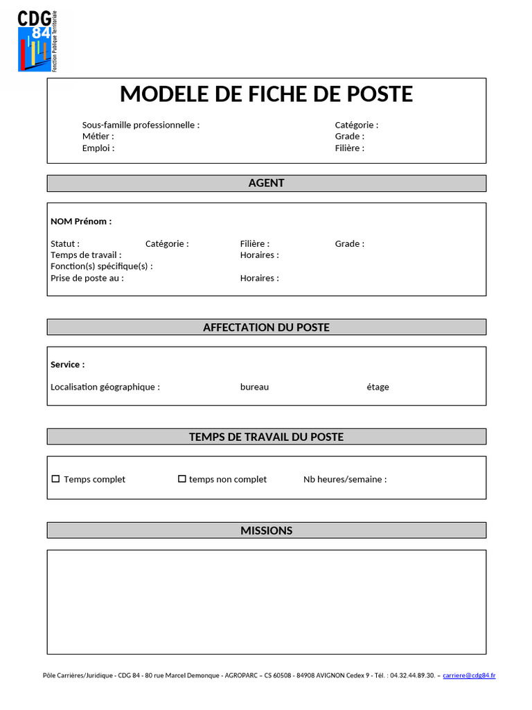 Modèle de fiche de poste agent | PDF
