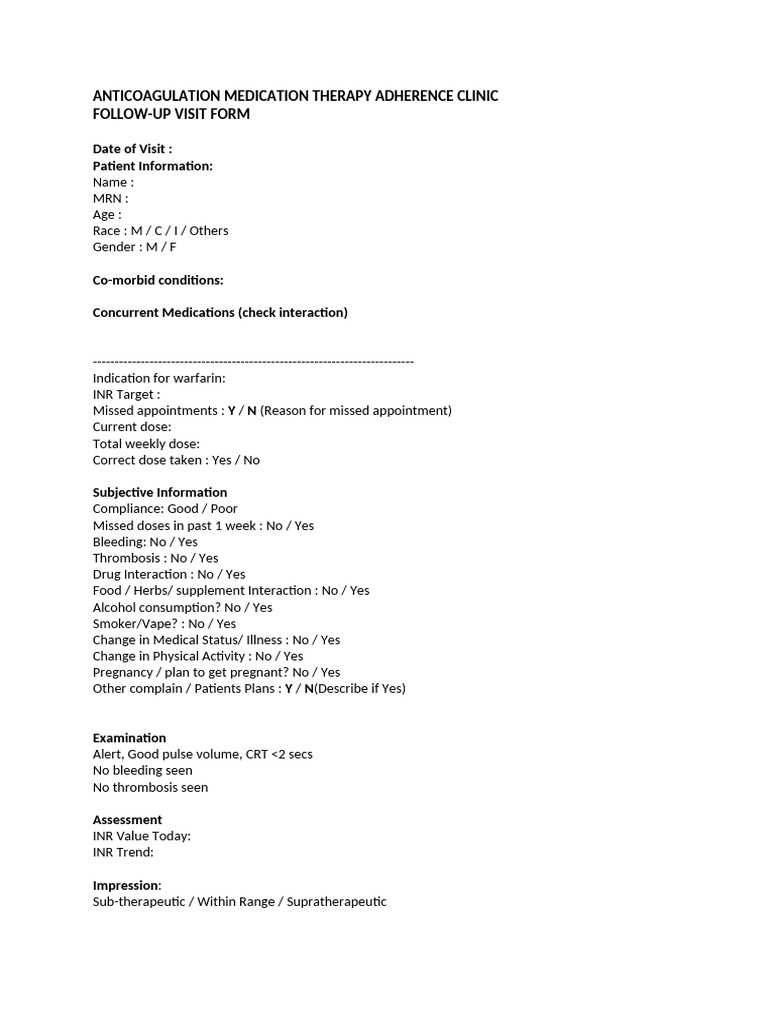 Anticoagulation Therapy Follow-Up Form | PDF