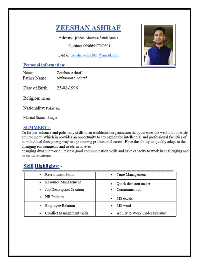 Zeeshan Ashraf: HR & Admin Profile | PDF | Human Resources | Employment