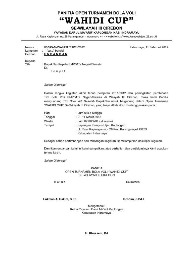 Undangan Open Turnamen Bola Voli Wahidi Cup 2012 Contoh Surat Undangan Sepak Bola Lengkap.