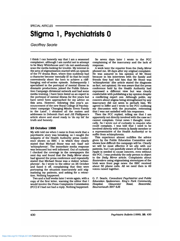 Stigma 1 Psychiatrists 0 | PDF | Social Stigma