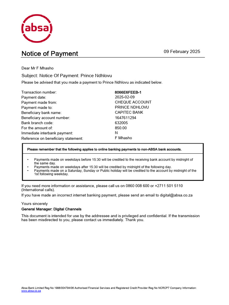 Absa Payment Confirmation Notice | PDF