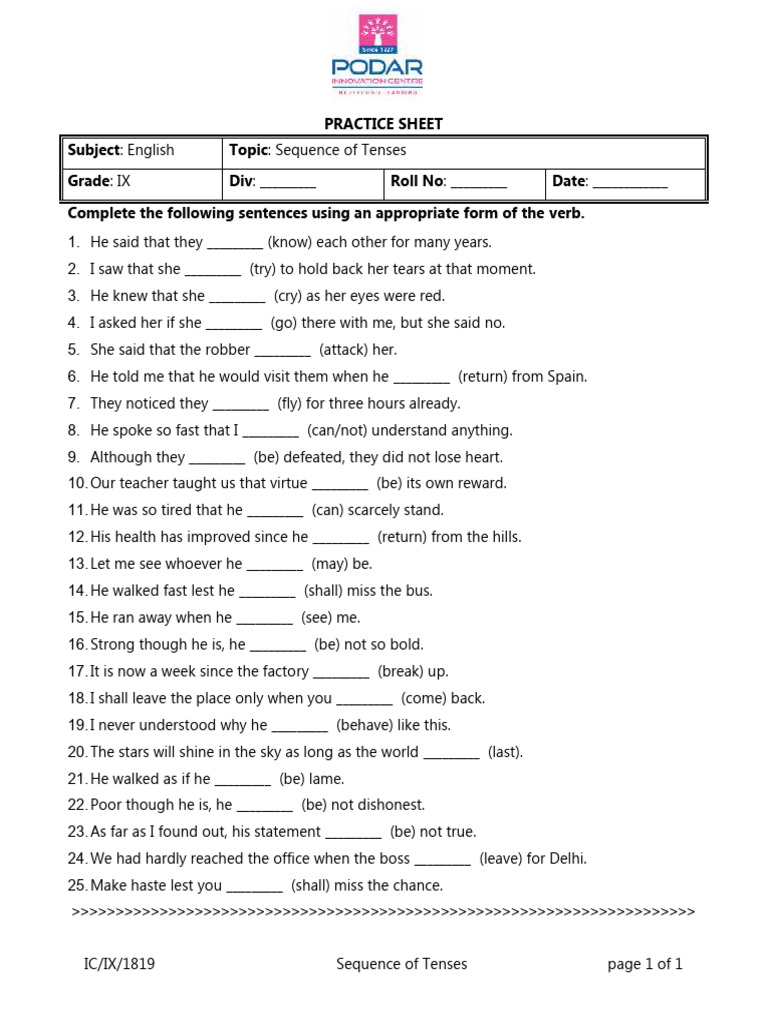 Sequence of Tenses Exercises for IX | PDF