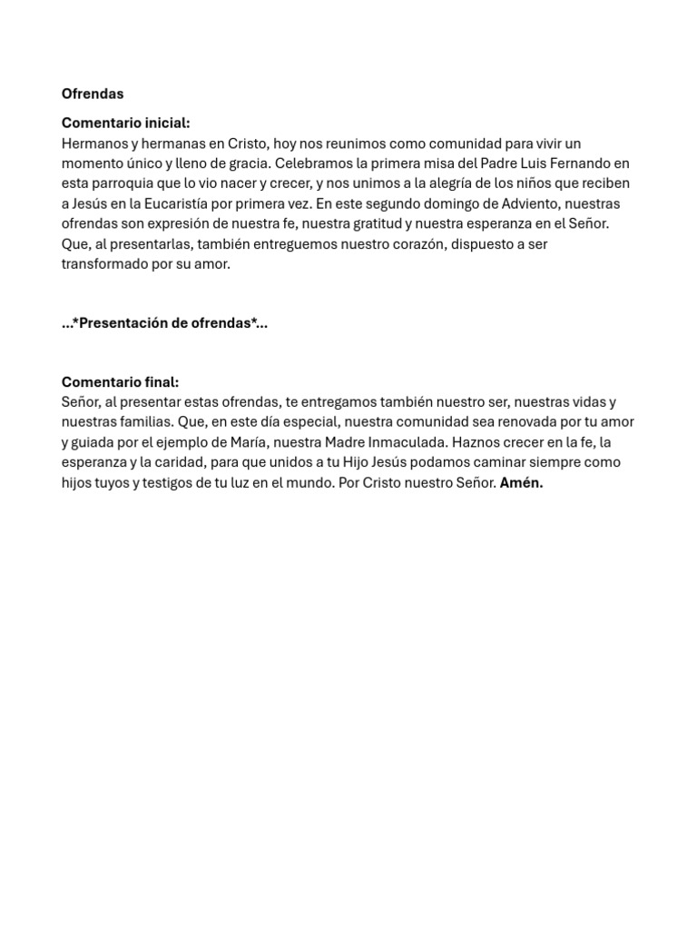 Ofrendas de fe en la primera misa | PDF | eucaristía