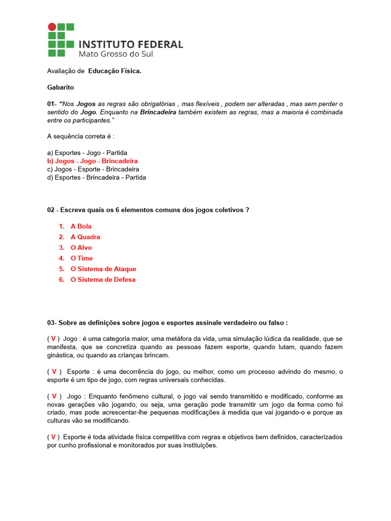 Avaliação de Educação Física com Gabarito | PDF | Esportes
