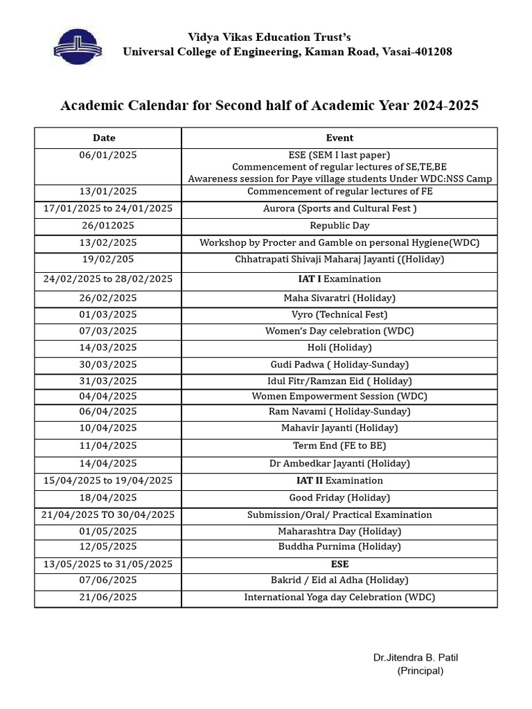 Universal College Engineering Academic Calendar 2024-2025 | PDF