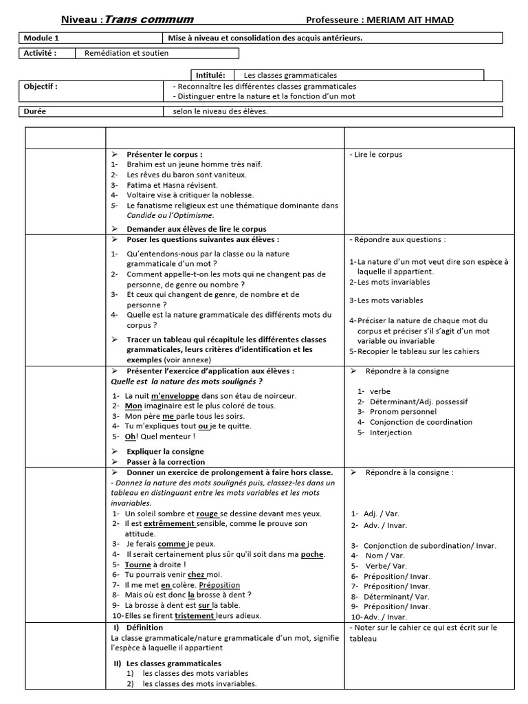 Classes grammaticales : Guide pédagogique | PDF | Clause | Nombre ...
