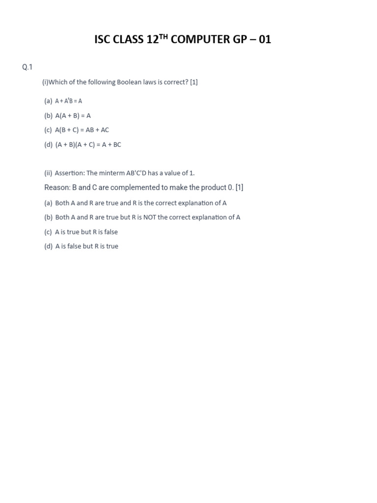 ISC Class 12 Computer Science GP-01 Questions | PDF | Boolean Algebra ...
