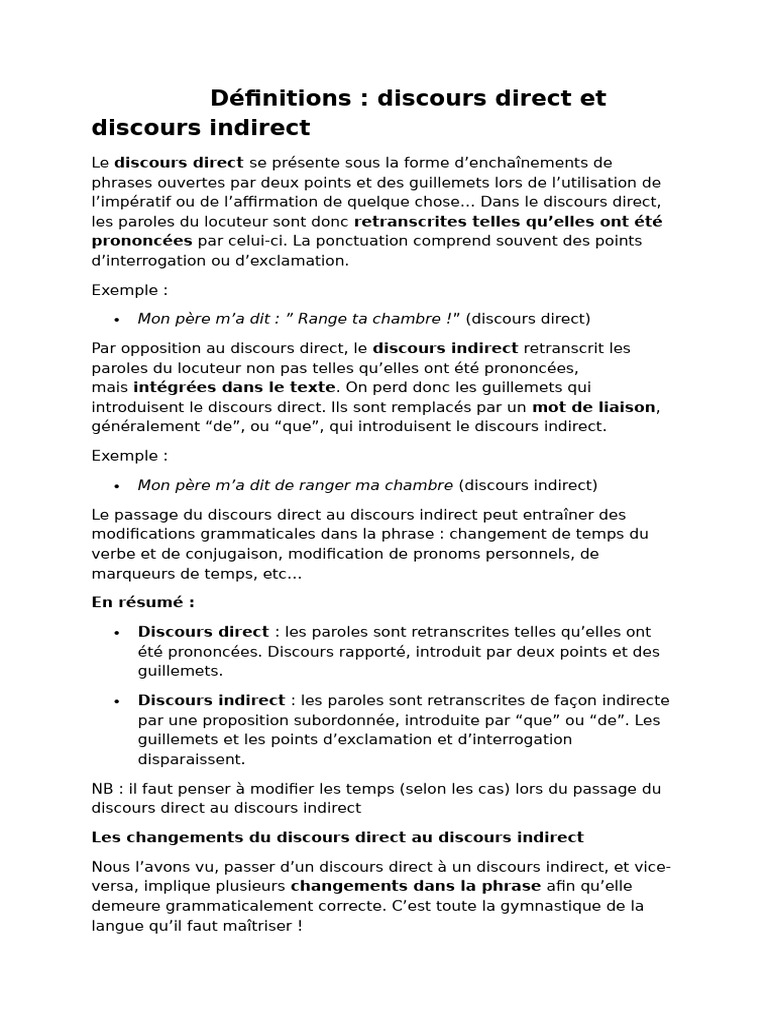 Discours Direct et Indirect : Définitions | PDF | Discours ...