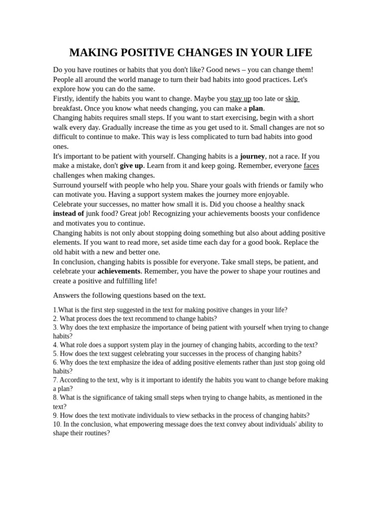 Unit 1 Attachment 8 - Reading Making Positive Changes in Your Life ...