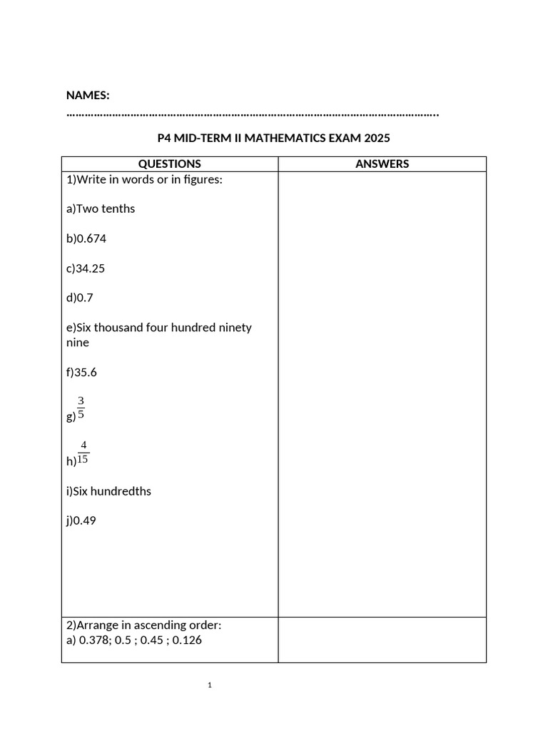 P4 Maths Midterm Ii 2025 Pdf Mathematics Arithmetic