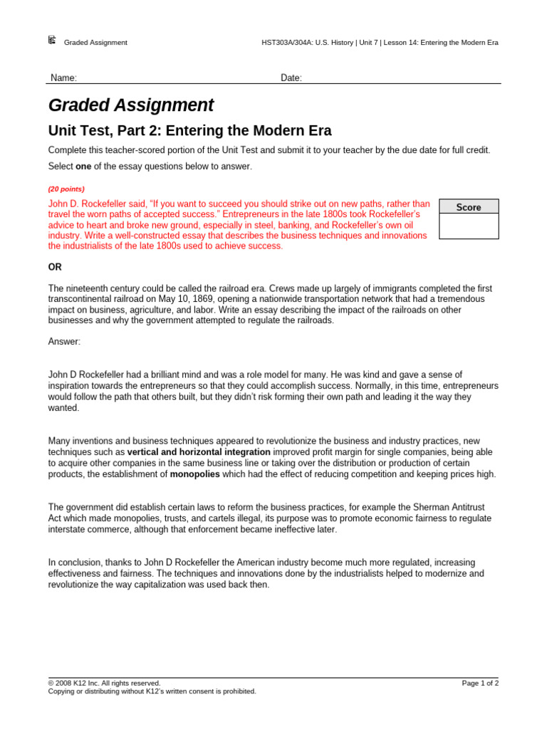 Unit Test - Entering The Modern Era | PDF | John D. Rockefeller | Monopoly
