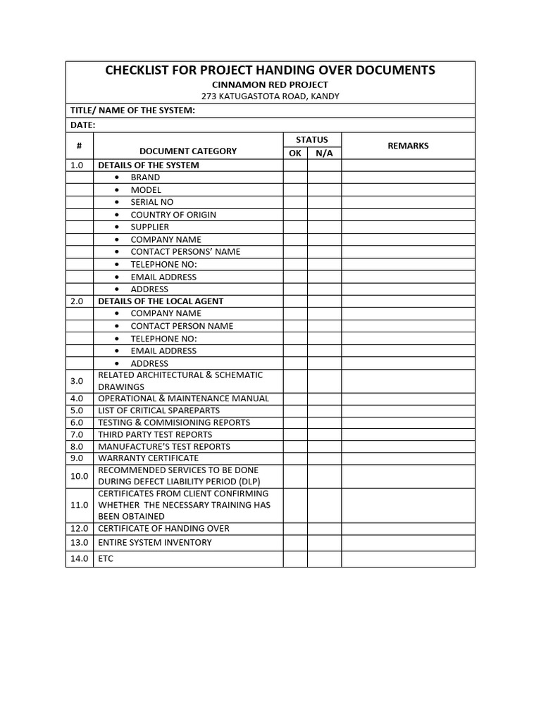 Cinnamon Red Project Handover Checklist | PDF | Equipment | Active Fire ...