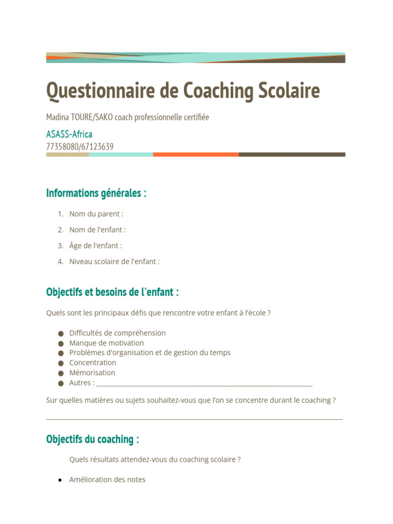 Questionnaire de Coaching Scolaire | PDF