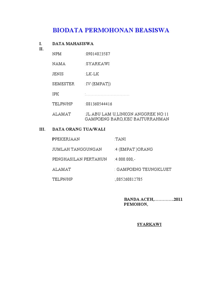 Download Contoh Biodata Pengajuan Beasiswa Pics