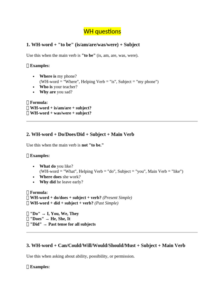 WH Question Formation Guide | PDF | Verb | Grammatical Tense