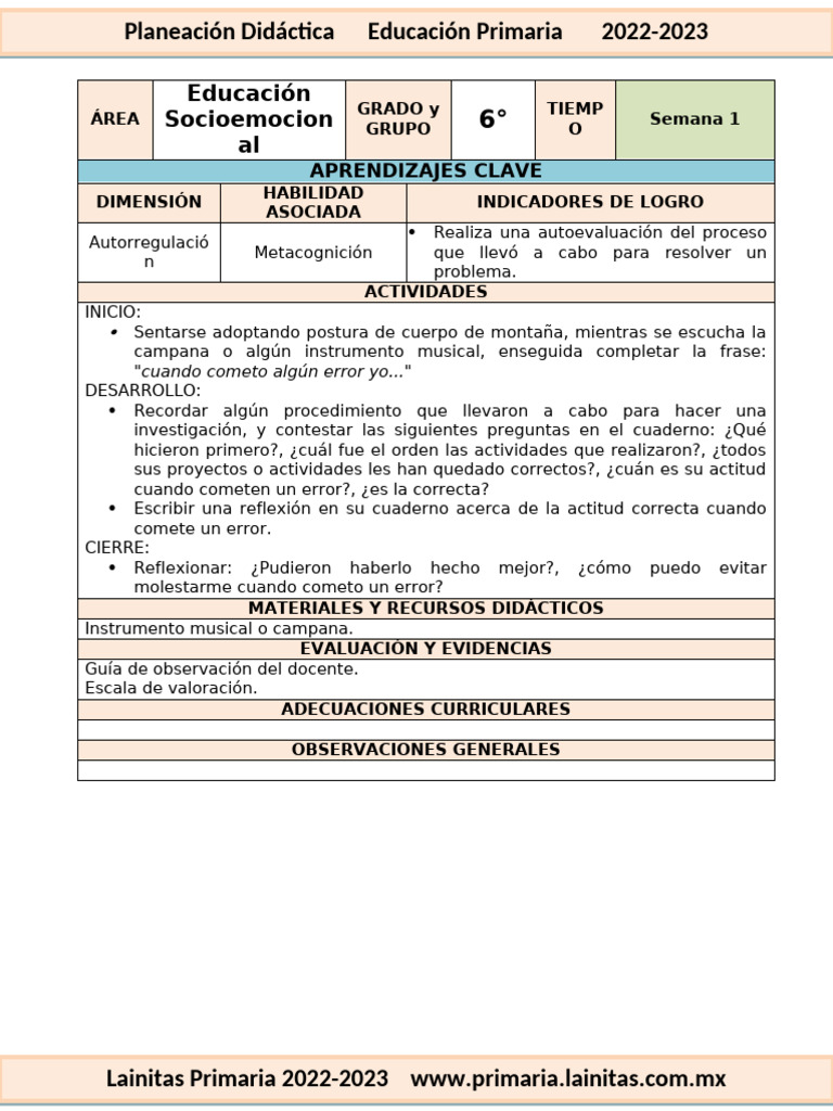 Planeación Socioemocional 6° Grado | PDF | Evaluación | Metacognición