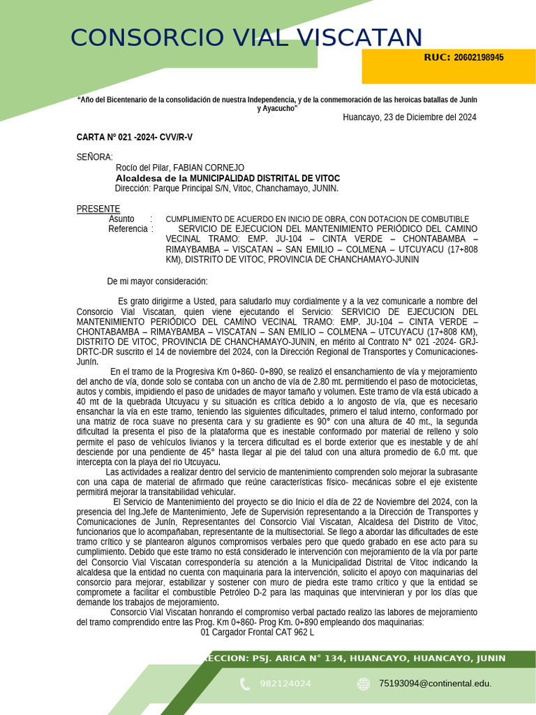 Mantenimiento de Camino en Vitoc 2024 | PDF