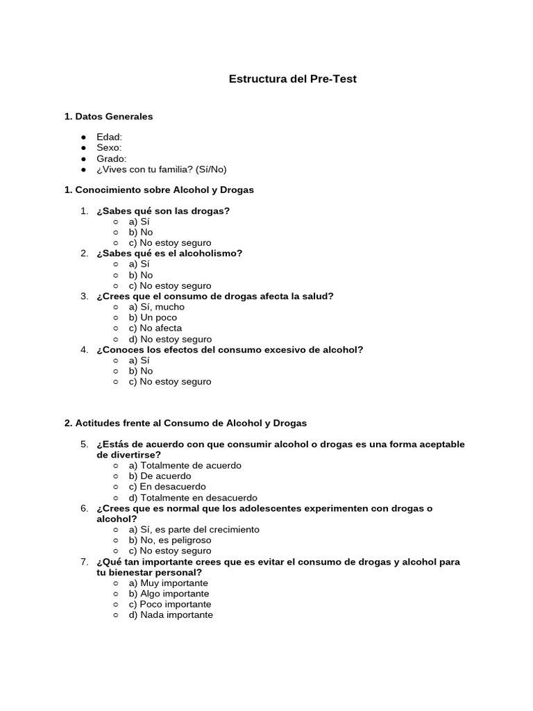 Pre-Test sobre Alcohol y Drogas | PDF