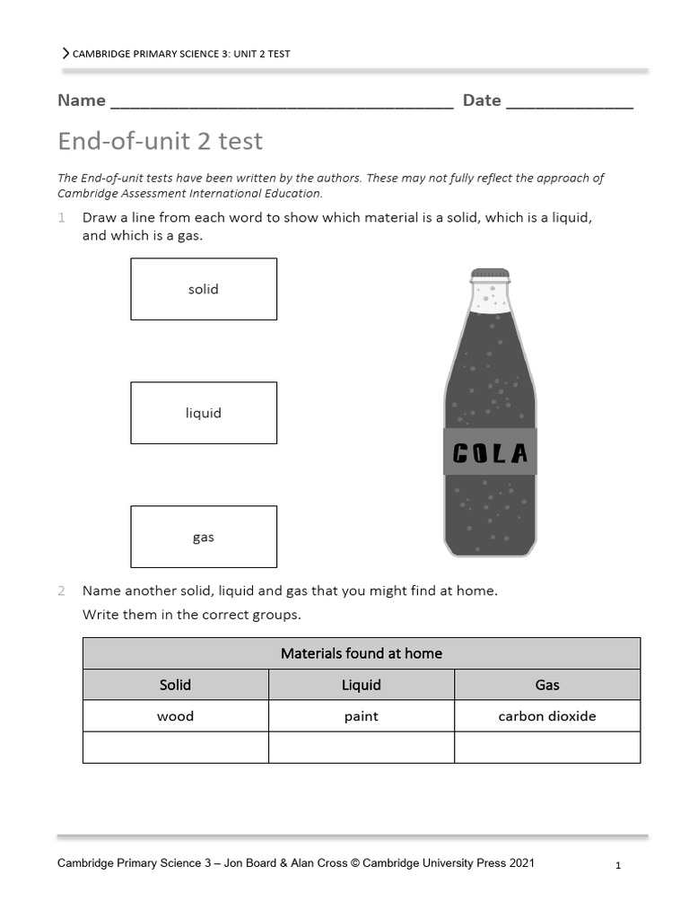 Cambridge Primary Science 3 Unit 2 Test | PDF