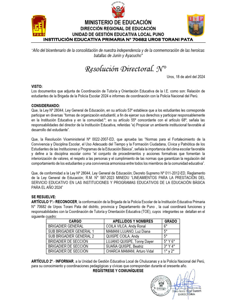 RD 013-2024 Brigada de Policia Escolar | PDF | Institución