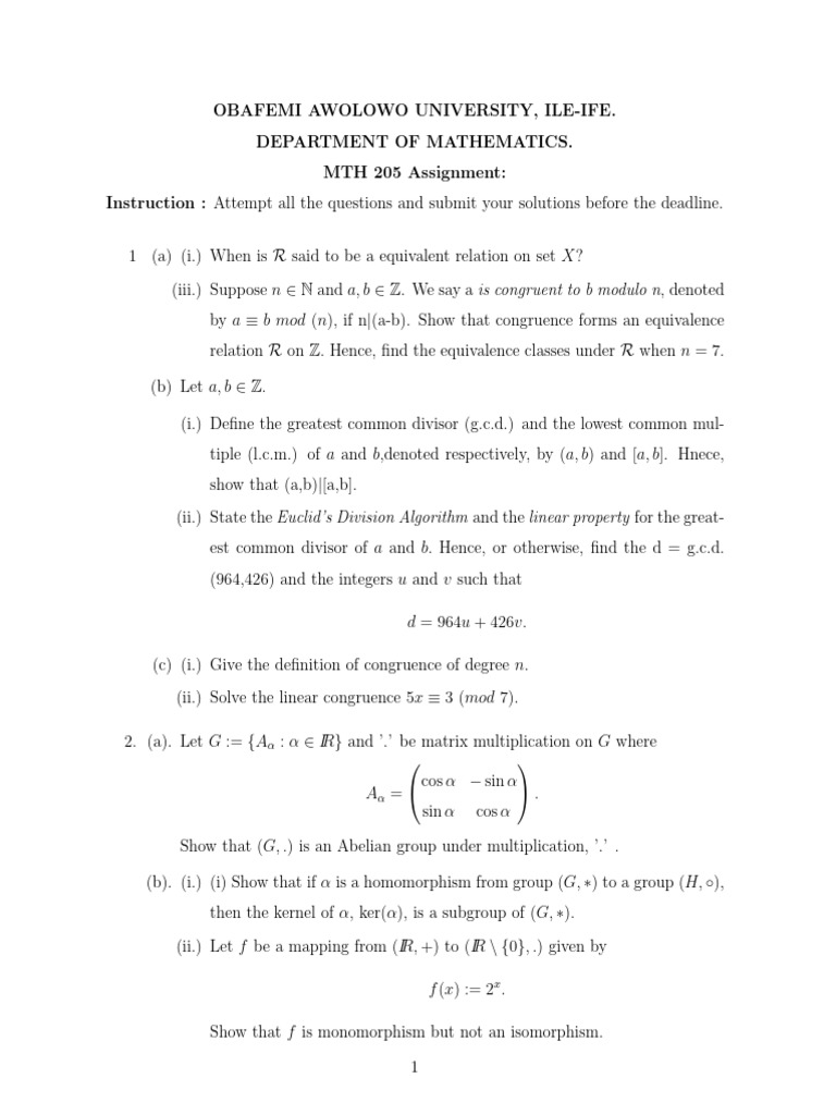 MTH 205 Assignment Overview | PDF | Group (Mathematics) | Discrete ...