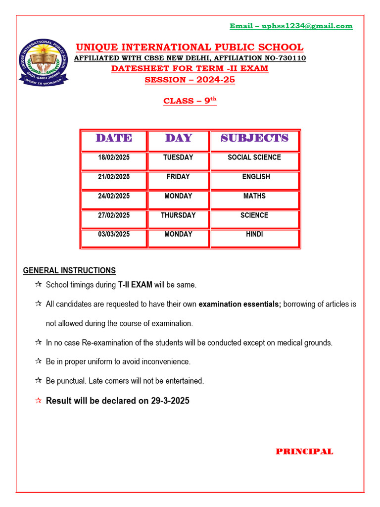 Class 9 Term II Exam Datesheet 2024-25 | PDF