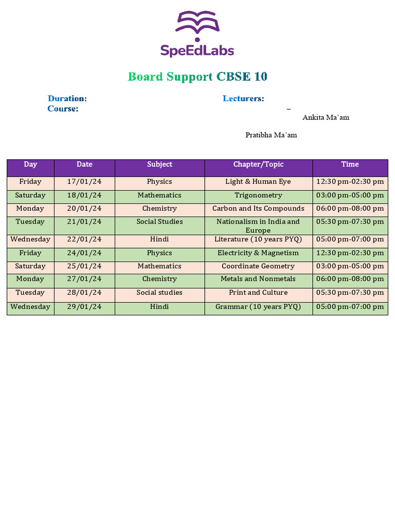 CBSE Class 10 Support Schedule | PDF
