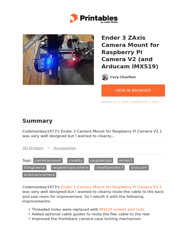 Ender 3 Zaxis Camera Mount For Raspberry Pi Camera v2 and Arducam ...