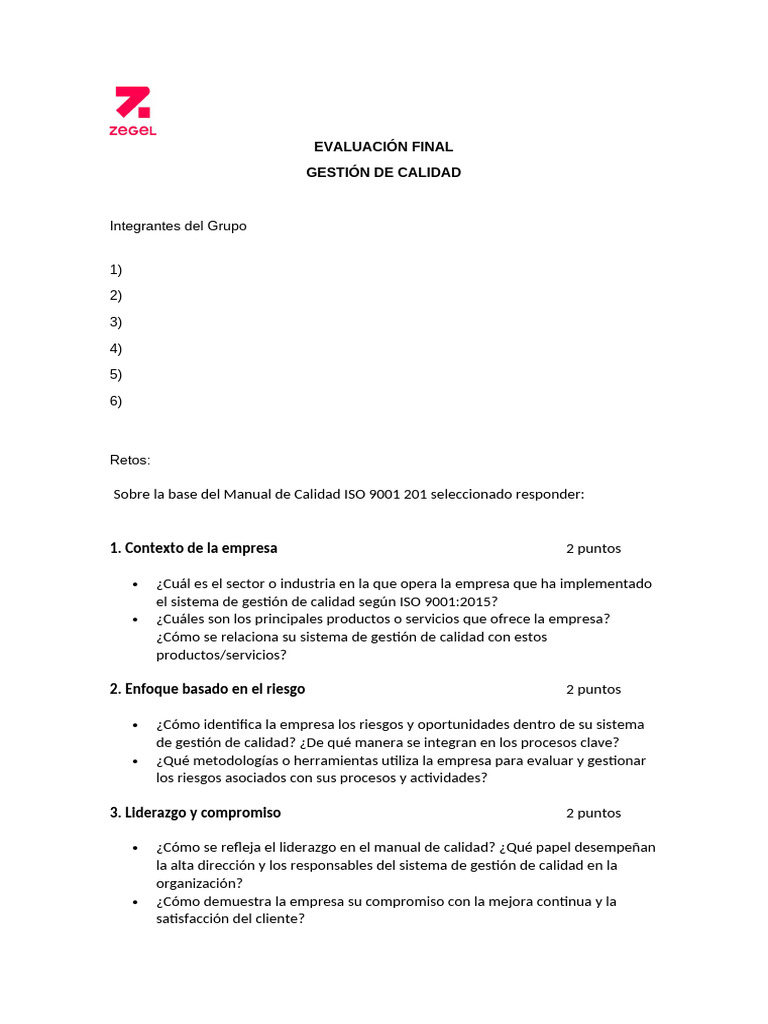 Evaluación del Sistema de Calidad ISO 9001 | PDF | Sistema de manejo de ...