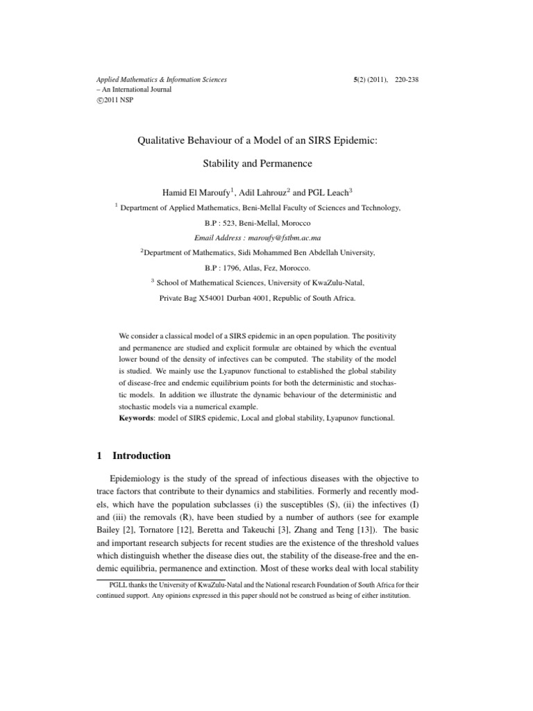SIRS Epidemic Model Stability Analysis | PDF | Stability Theory ...