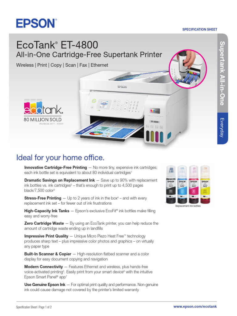 EcoTank ET-4800 Printer Specification Sheet CPD-60630R3 | PDF | Image ...