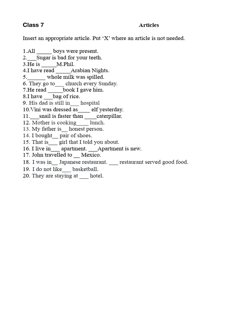 Articles Worksheet | PDF