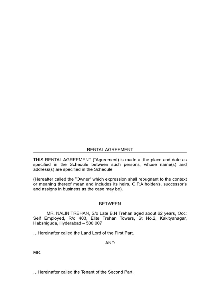 Rental Agreement for Hyderabad Flat | PDF | Leasehold Estate | Bedroom
