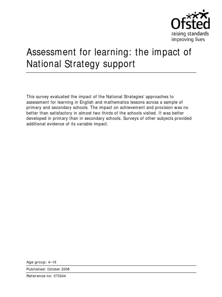 Ofsted Report On Assessment For Learning 2008 PDF Educational
