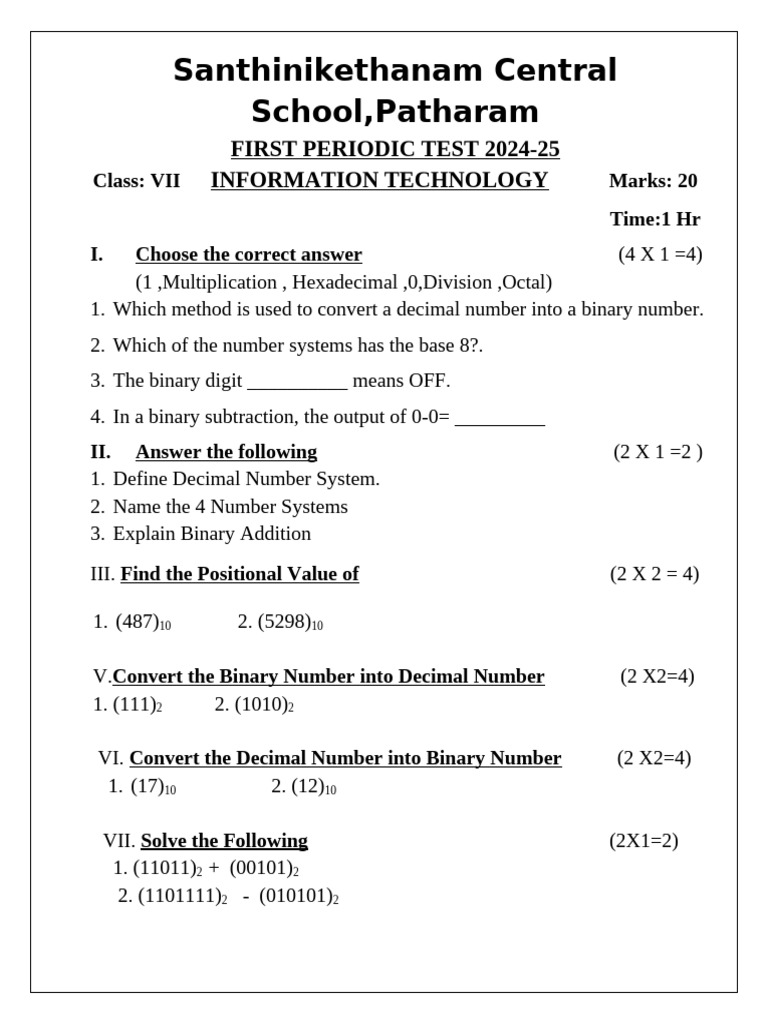 Grade 7 IT Test: Number Systems | PDF