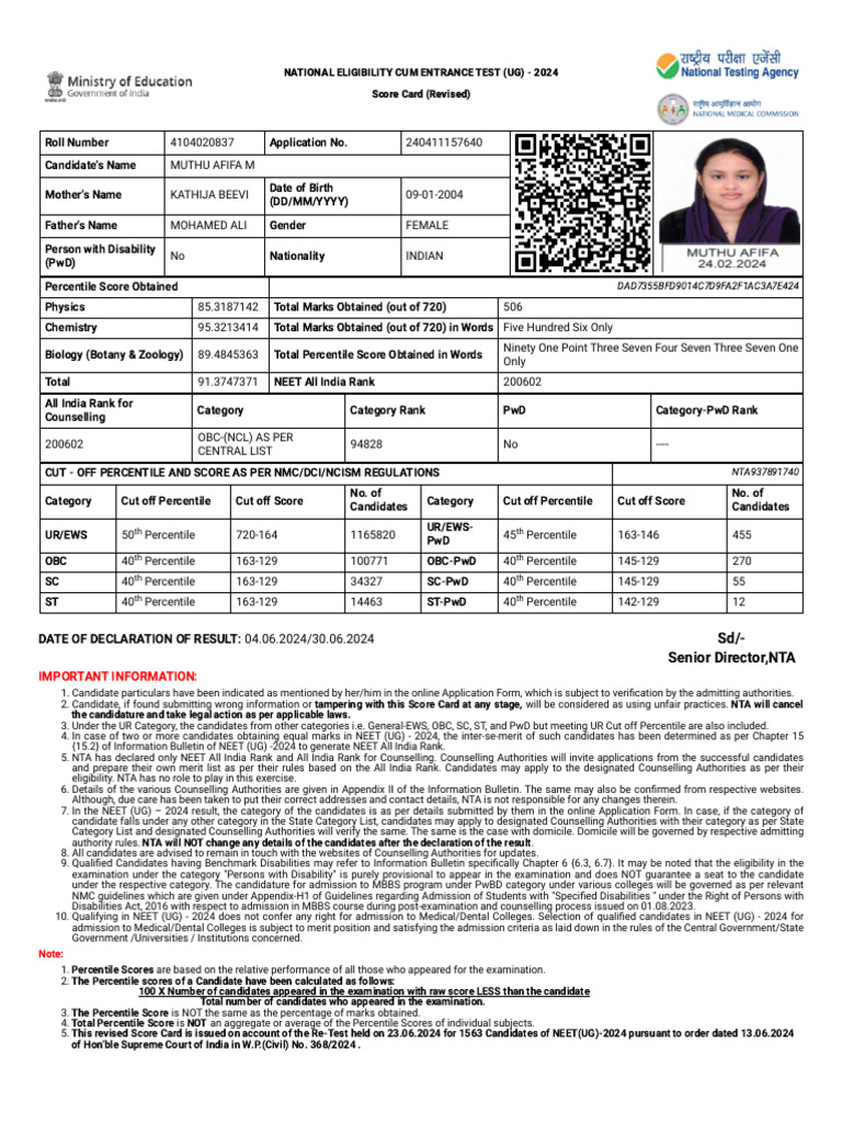 NEET 2024 Score Card Overview | PDF | Qualifications