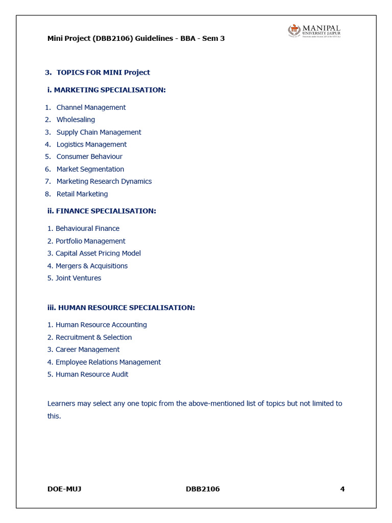 Guidelines For Mini Project - DBB2106 - BBA Sem 3 - Removed | PDF ...