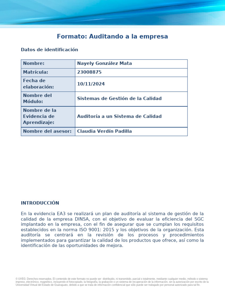 Plan de Auditoría ISO 9001:2015 en DINSA | PDF | Calidad (comercial ...