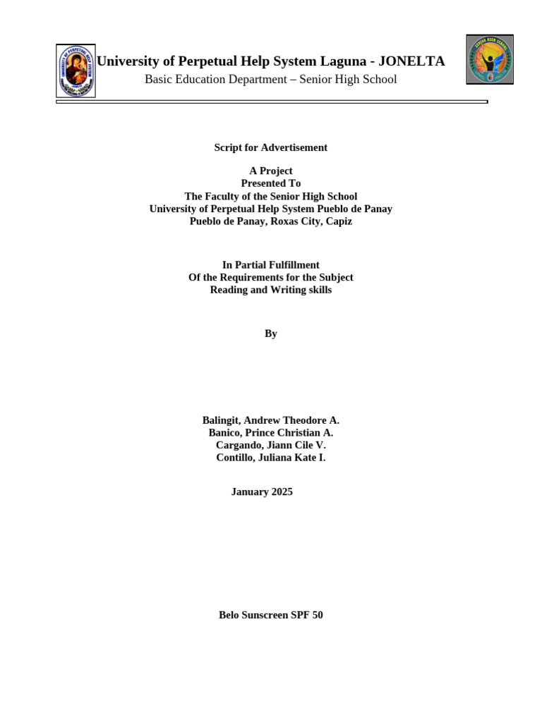 Belo Sunscreen SPF 50 Advertisement Script | PDF | Sunscreen | Skin