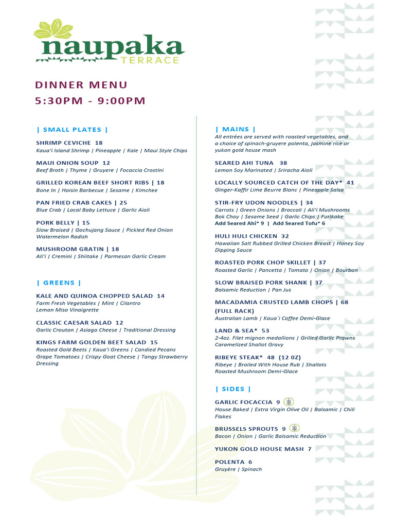 Dinner and Drink Menu Overview | PDF | Salad | Sauce