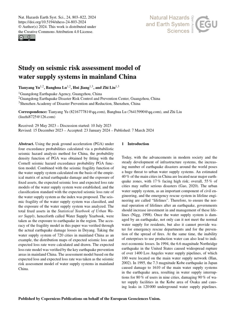 Study On Seismic Risk Assessment Model Of Water Su Pdf Seismology