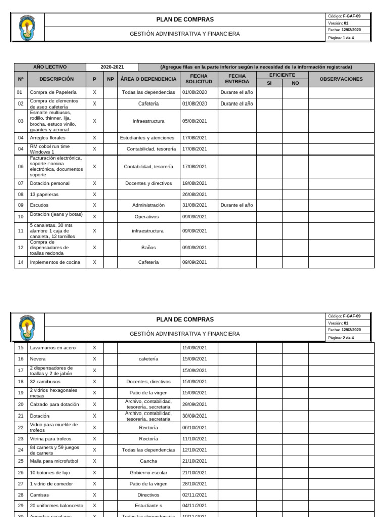 F-GAF-09 Plan de Compras | PDF