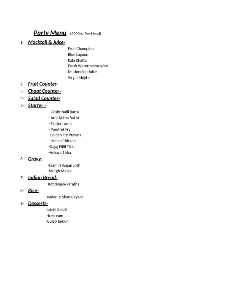 Party Menu: Mocktails, Starters & Desserts | PDF