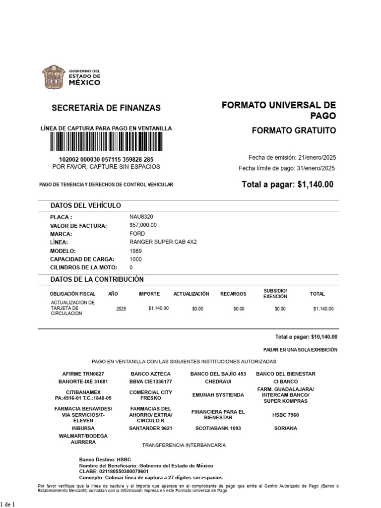 Formato de Pago Tenencia 2025 CDMX | PDF | Bancos | Finanzas personales
