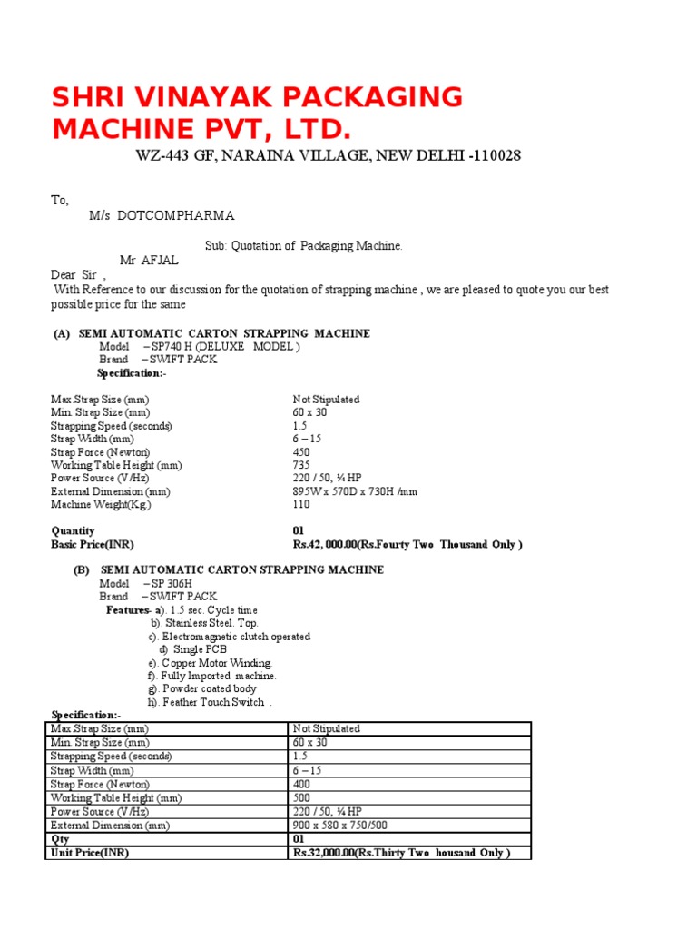 Packaging Machine Quotation Details | PDF | Business | Technology ...